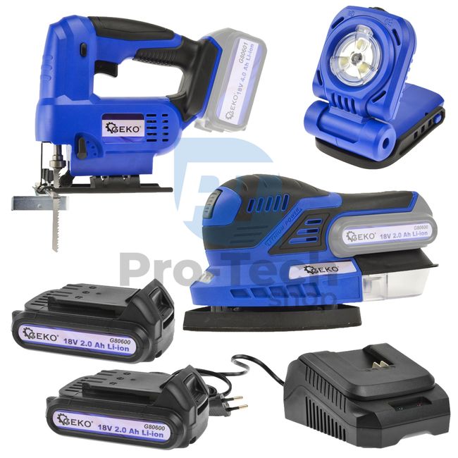 Akku-Werkzeugset Multischleifer, Stichsäge, LED-Taschenlampe, 2x Akku 18V 2.0Ah, Geko One Power Ladegerät